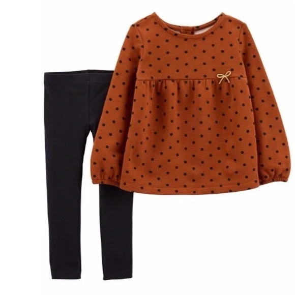 0437 NWT Carter's Baby Girl 2-piece Brown Set with Black Polka Dots - Picture 1 of 4